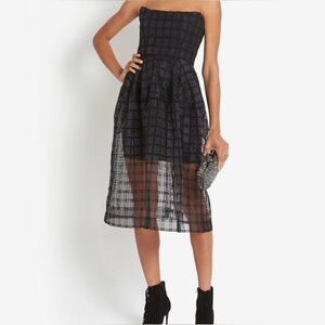 NICHOLAS Dress Strapless Black Windowpane Cutout Taffeta Sheer Full Skirt SZ 4